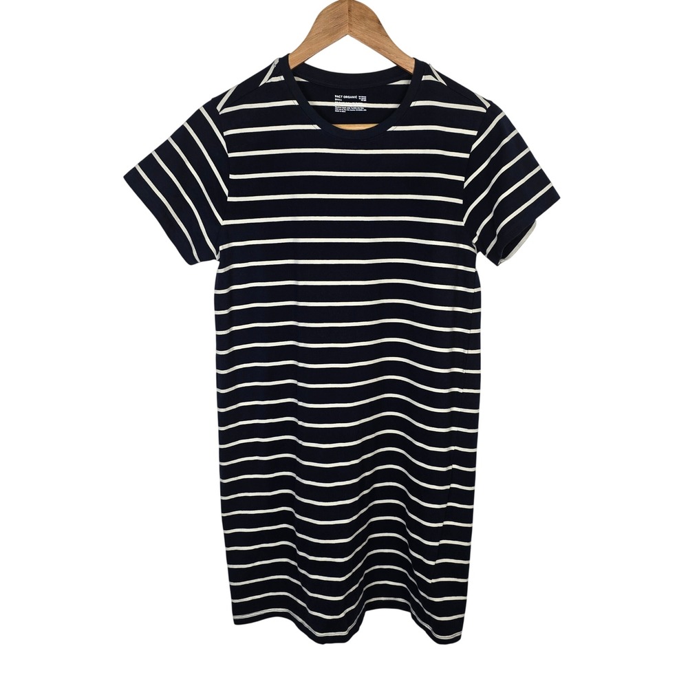 Pact Organic Women Small Navy Blue White Striped Short Sleeve T-Shirt Mini Dress